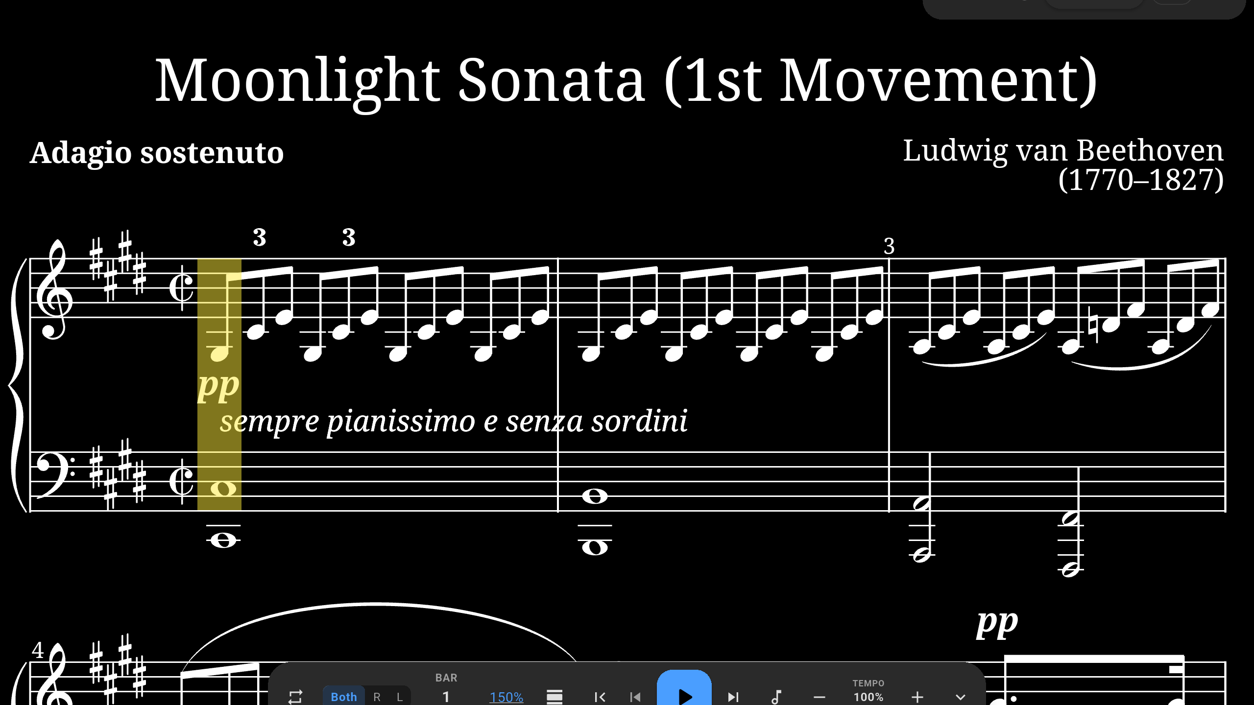 Crescendo Piano practice mode showing Moonlight Sonata with cursor highlighting current notes