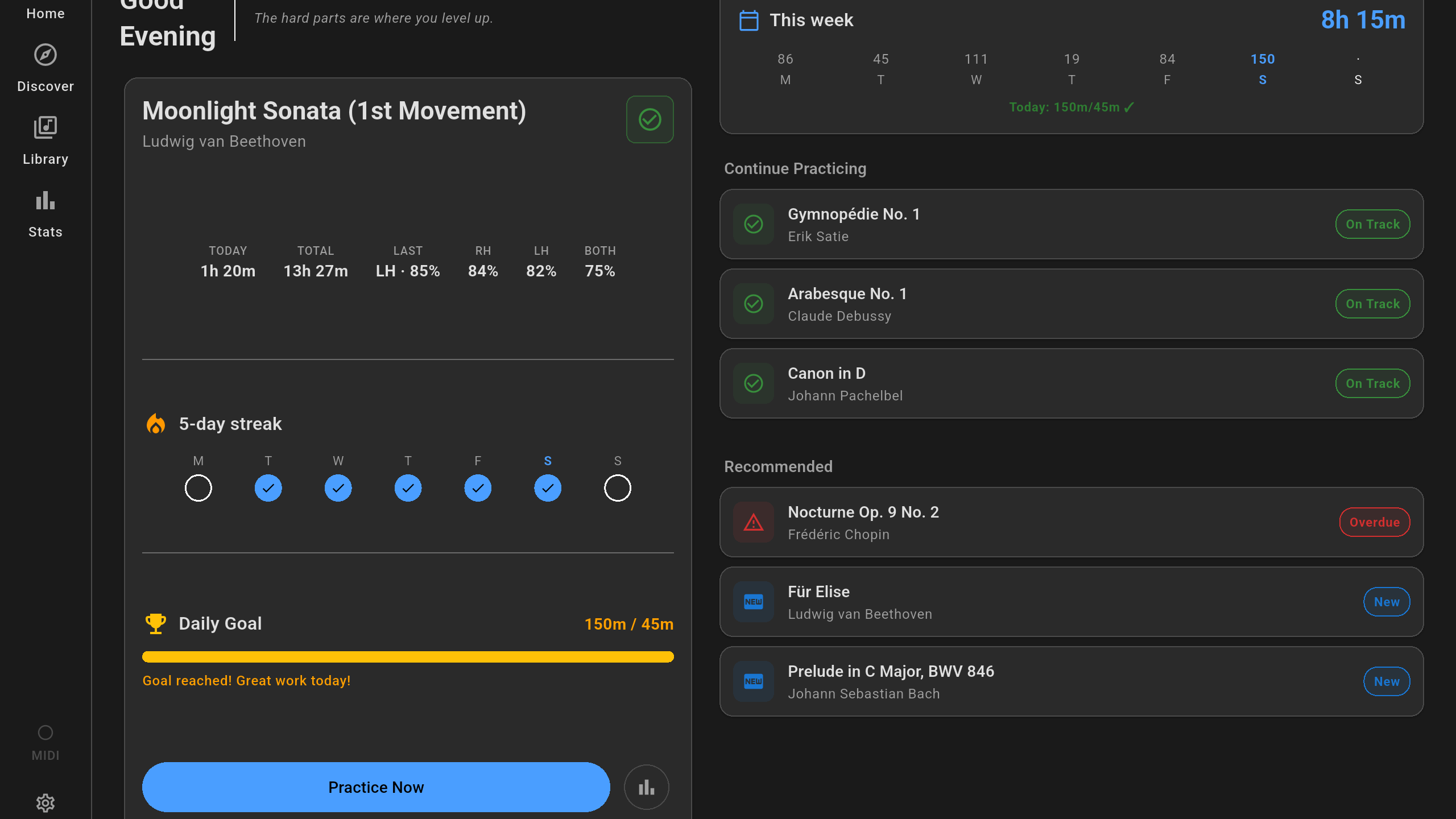 Home screen showing practice stats, streak, and recommendations